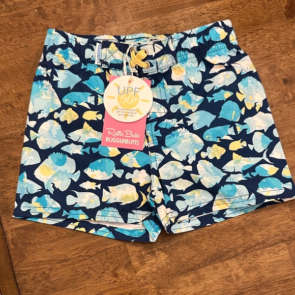 Ruffle Butts Blue and Yellow Fish Friends Swim Trunks - Picture 3 of 5